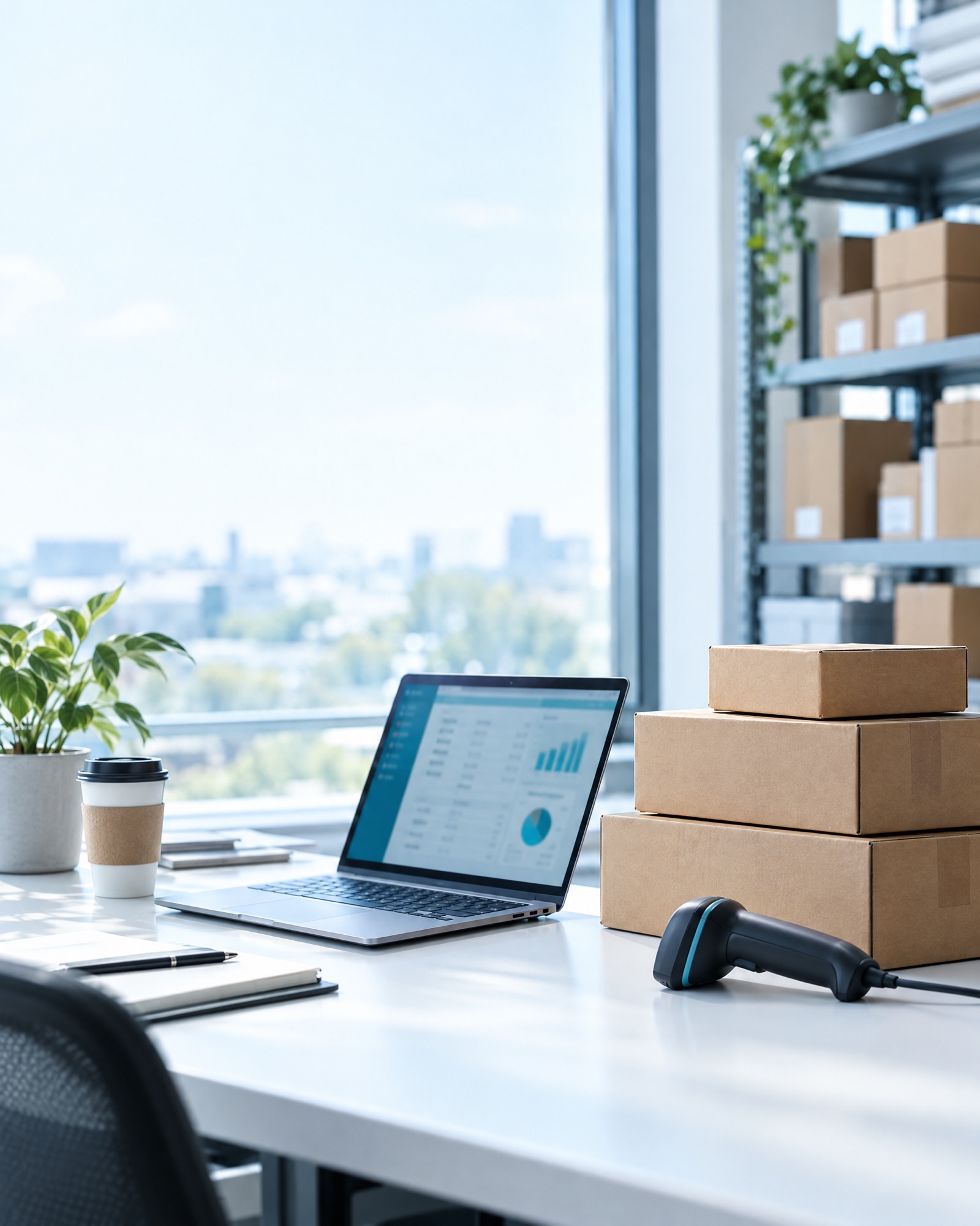 A bright e-commerce operations desk with a laptop, packed shipping boxes and a barcode scanner