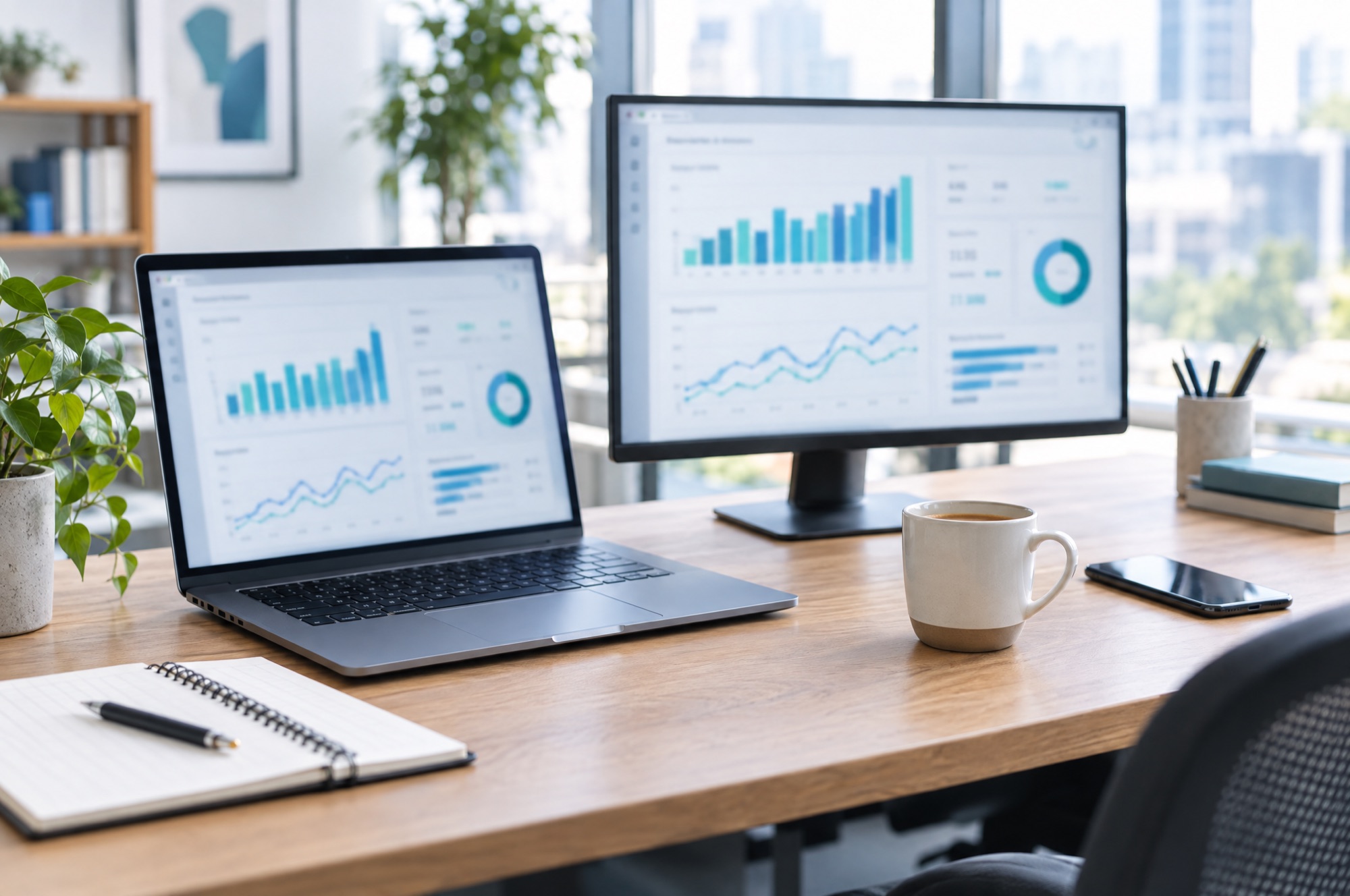 A marketer’s desk with an ad performance dashboard on a laptop and monitor