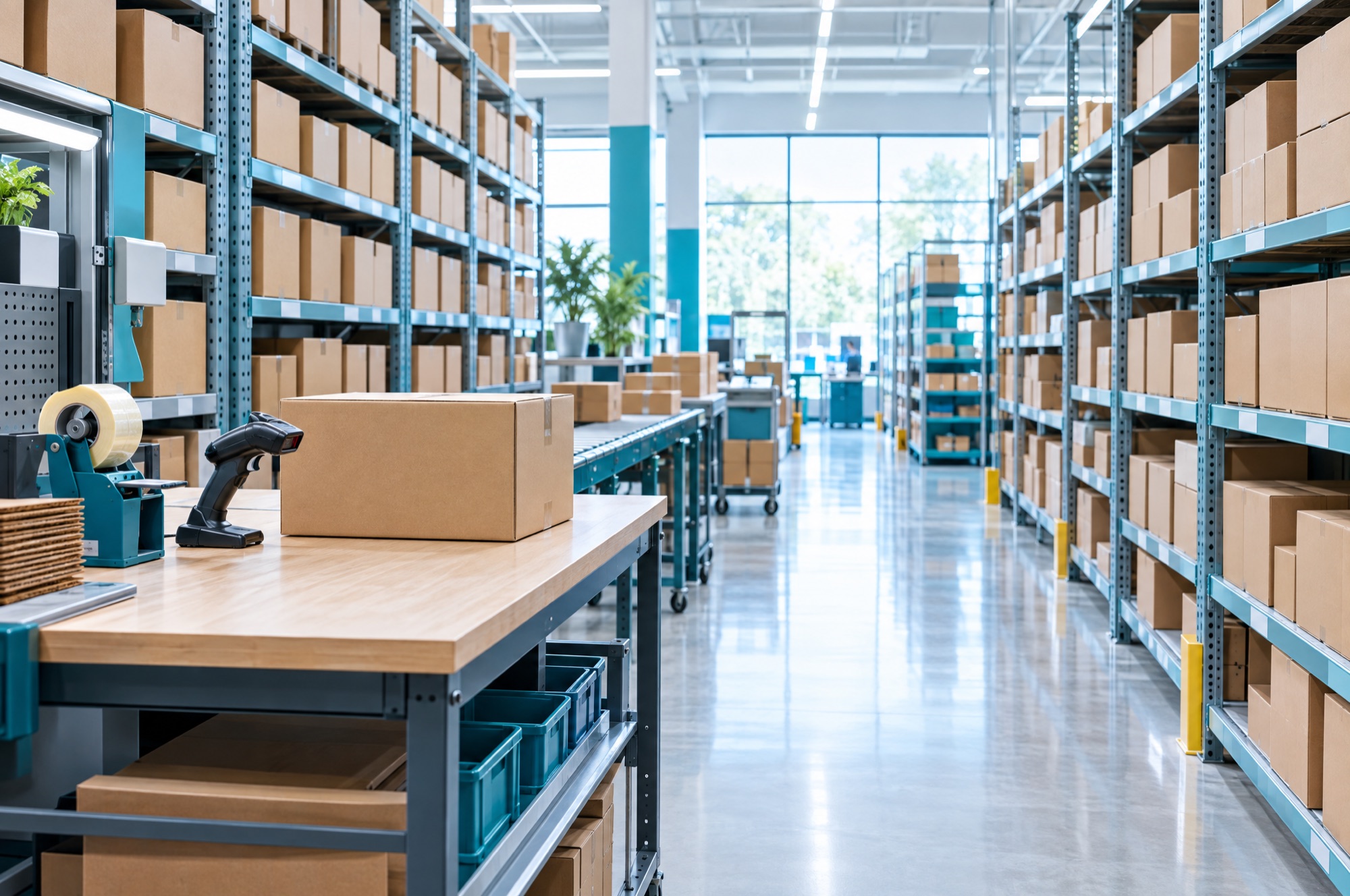 A fulfillment warehouse aisle with shelved stock and a packing station