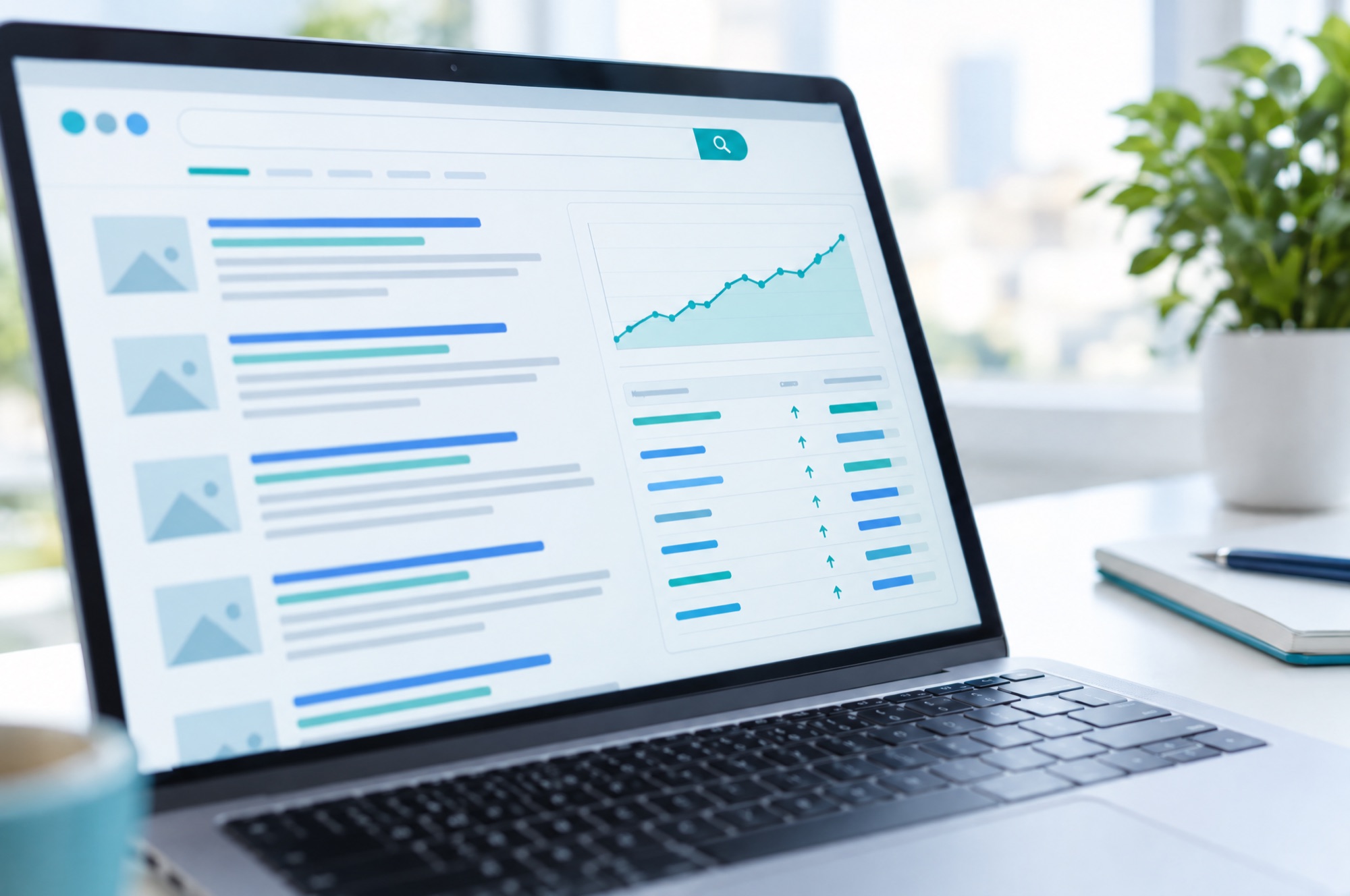 A laptop showing search results and a ranking chart