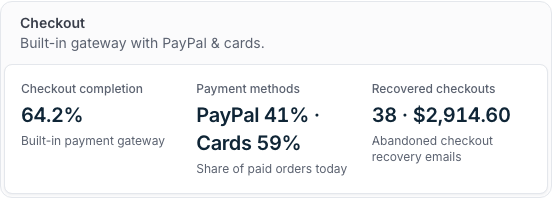 SELLESS checkout panel showing checkout completion, payment methods and recovered abandoned checkouts